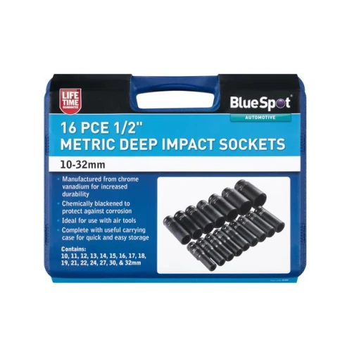 Blue Spot Tools 16Pce 1/2" Deep Impact Sockets 10-32mm