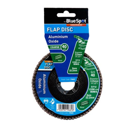 Blue Spot Tools 115mm (4.5") 40 Grit Aluminium Oxide Flap Disc (Header Card)
