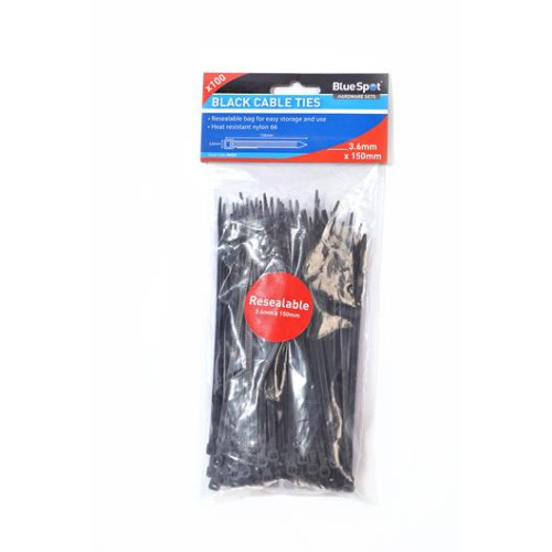 Blue Spot Tools 100 Pce 3.6mm X 150mm Black Cable Ties