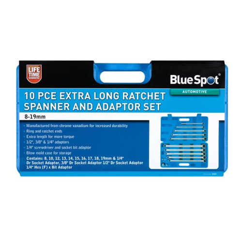 Blue Spot Tools 10Pce Extra Long Double Ring Ratchet Spanner Set