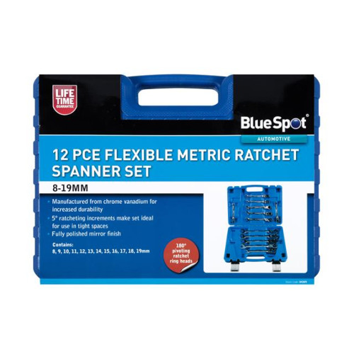 Blue Spot Tools 12PCE Flexible Metric Ratchet Spanner Set (8-19mm)(With Case)
