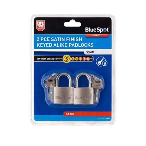 Blue Spot Tools 2 Pce 30mm Satin Finish Keyed Alike Padlocks