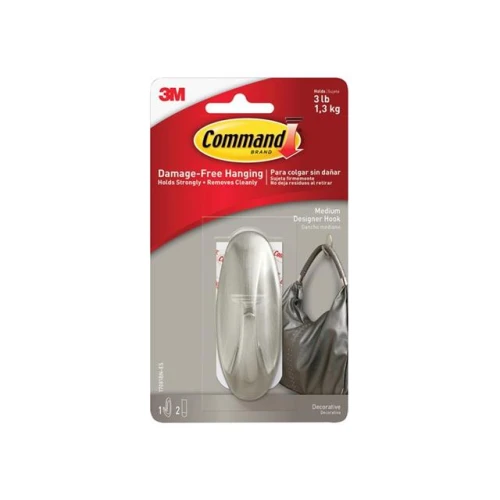 Command Medium Designer Hook, Brushed Nickel Effect