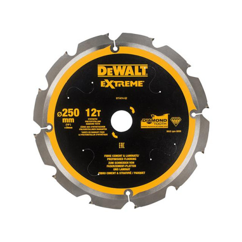 Dewalt Extreme PCD Fibre Cement Saw Blade 250 x 30mm x 12T