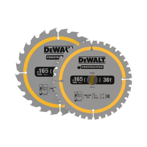 Dewalt DT90270 Construction Circular Saw Blade 2 Pack 165 x 20mm x 24T/36T