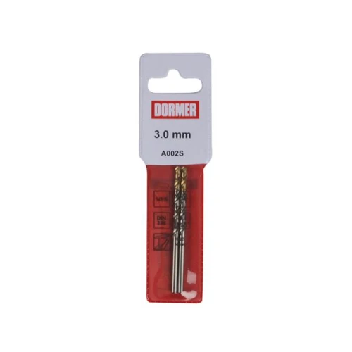 Dormer A002 HSS-TiN Coated Jobber Drill 3.0mm Pouch of 2 OL:61mm WL:33mm