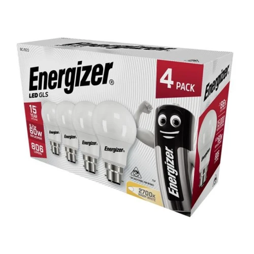 Energizer LED BC (B22) Opal GLS Non-Dimmable Bulb, Warm White 806 lm 8.2W (Pack 4) 