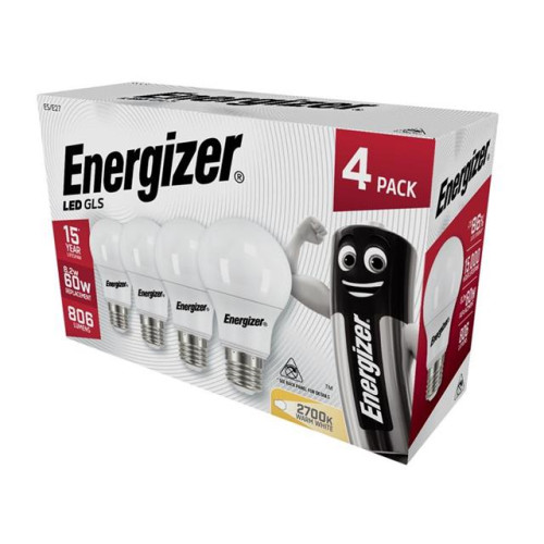 Energizer LED ES (E27) Opal GLS Non-Dimmable Bulb, Warm White 806 lm 8.2W (Pack 4) 