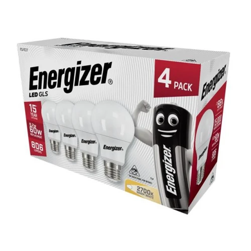 Energizer LED ES (E27) Opal GLS Non-Dimmable Bulb, Warm White 806 lm 8.2W (Pack 4) 