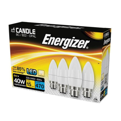 Energizer LED BC (B22) Opal Candle Non-Dimmable Bulb, Warm White 470 lm 5.2W (Pack 4) 