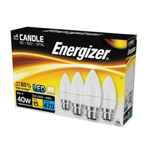 Energizer LED BC (B22) Opal Candle Non-Dimmable Bulb, Warm White 470 lm 5.2W (Pack 4) 