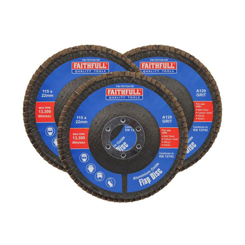 Faithfull Aluminium Oxide Flap Disc 115 x 22mm 120 Grit (3 Pack)