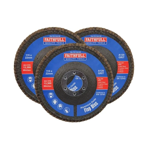 Faithfull Aluminium Oxide Flap Disc 115 x 22mm 120 Grit (3 Pack)