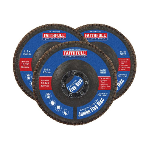Faithfull Zirconia Abrasive Jumbo Flap Disc 115 x 22mm 120 Grit (3 Pack)