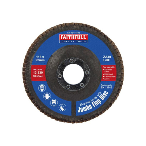 Faithfull Zirconia Abrasive Jumbo Flap Disc 115 x 22mm 40 Grit