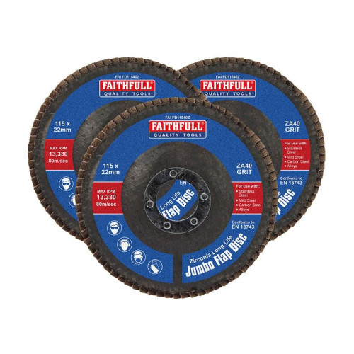 Faithfull Zirconia Abrasive Jumbo Flap Disc 115 x 22mm 40 Grit (3 Pack)