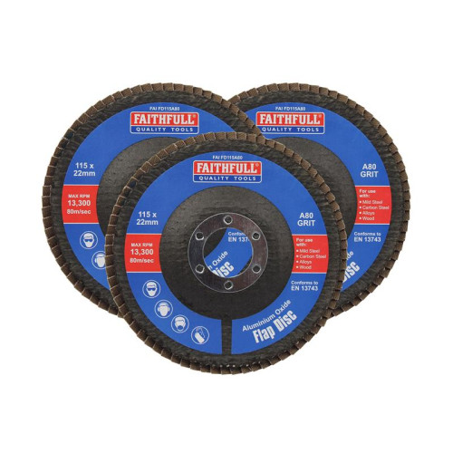Faithfull Aluminium Oxide Flap Disc 115 x 22mm 80 Grit (3 Pack)