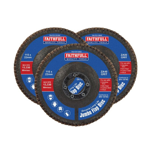 Faithfull Zirconia Abrasive Jumbo Flap Disc 115 x 22mm Mixed Grit (3 Pack)