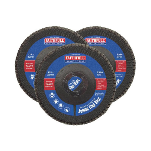 Faithfull Zirconia Abrasive Jumbo Flap Disc 125 x 22mm 80 Grit (3 Pack)