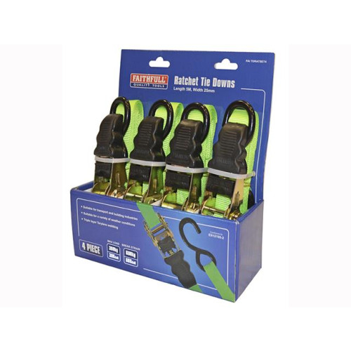Faithfull Ratchet Tie Downs (4) 5M x 25mm Green