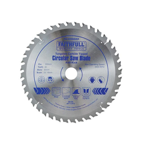 Faithfull Circular Saw Blade TCT 250 x 30 x 40t Anti Kick