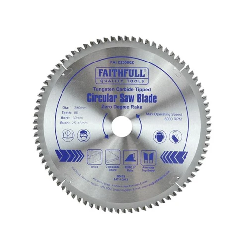 Faithfull Circular Saw Blade TCT 250 x 30 (16 & 25) x 80t Zero Degree