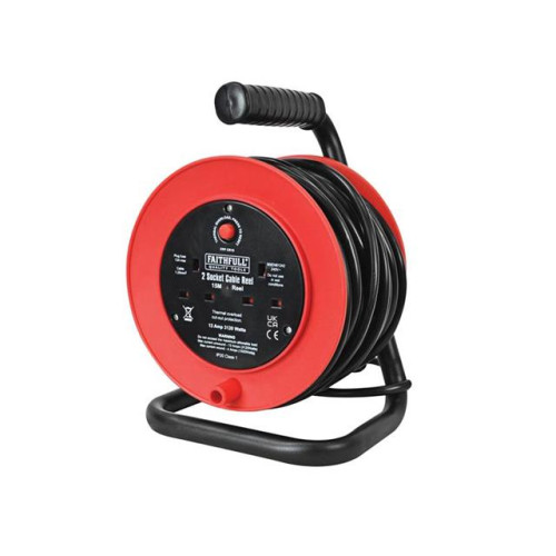 Faithfull Open Drum Cable Reel 240 Volt 15 Metre 13 Amp 2 Socket