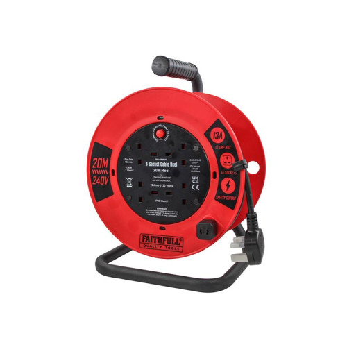Faithfull Open Cable Reel 240V 20m 13A 4 Socket (1.25mm Cable)