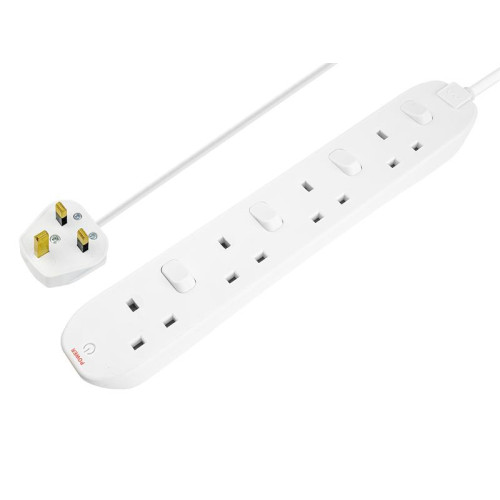 Masterplug Extension Lead 240V 4-Gang 13A White Switched 2m