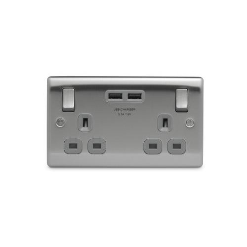 Nexus Metal Brushed Steel 2 Gang 13 Amp Switched Socket & USB