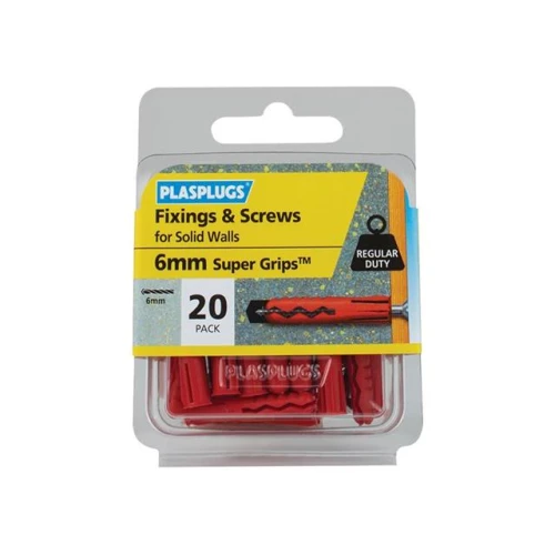 Plasplugs Solid Wall Super Grips&acirc;&cent; Fixings Red & Screws Pack of 20