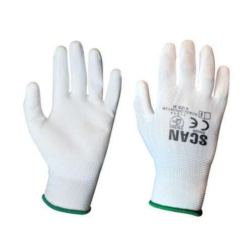 Scan White PU Coated Gloves - Medium (Size 8) (Pack 12)