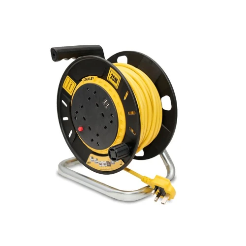 Stanley Open Drum Cable Reel 240V 13A 4-Socket + 2 USB 25m