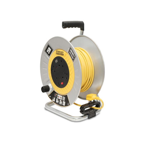 Stanley Open Metal Drum Cable Reel 240V 13A 4-Socket + 2 USB 25m