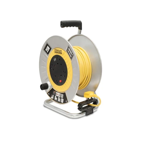 Stanley Open Metal Drum Cable Reel 240V 13A 4-Socket + 2 USB 25m