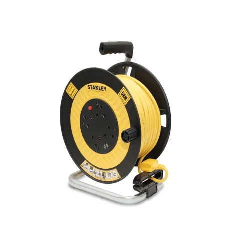 Stanley Open Drum Cable Reel 240V 13A 4-Socket + 2 USB 50m