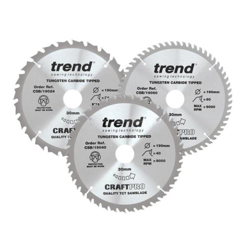 Trend CraftPro Saw Blade 190 x 30mm x 24T/40T/60T (Pack 3)