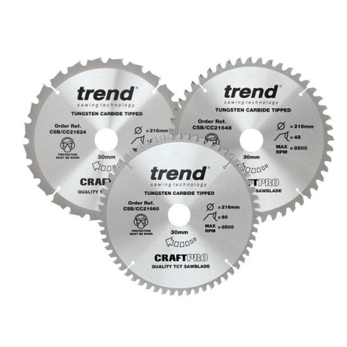 Trend CraftPro Mitre Saw Blade 216 x 30mm x 24T/48T/60T (Pack 3)