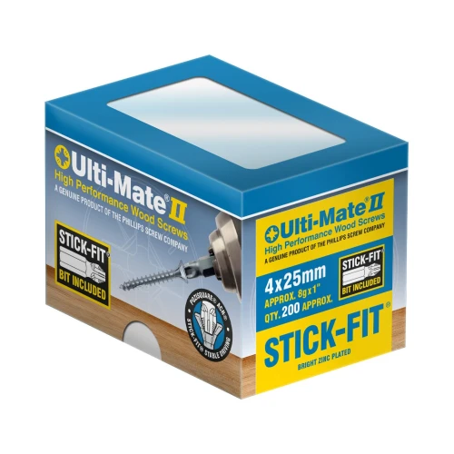 Ultimate Stick Fit Woodscrews Bright Zinc Plate 4 x 25mm Box of 200
