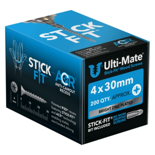 Ultimate Stick Fit Woodscrews Bright Zinc Plate 4 x 30mm Box of 200