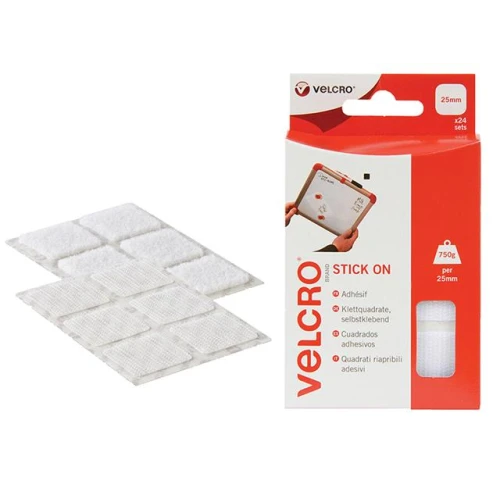 Velcro Stick On VELCRO&Acirc;&reg; Brand Squares 25mm White Pack of 24
