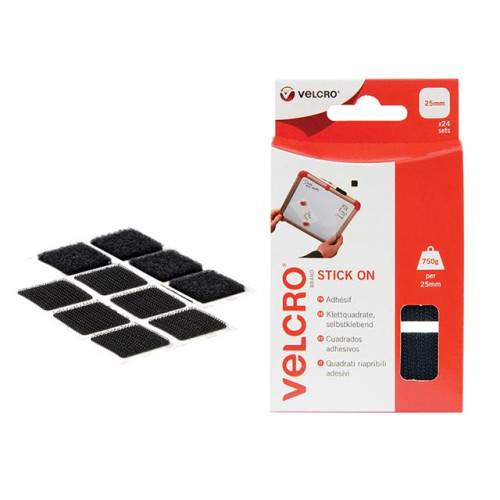 Velcro Stick On VELCRO® Brand Squares 25mm Black Pack of 24