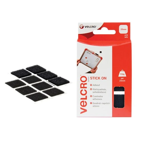 Velcro Stick On VELCRO&Acirc;&reg; Brand Squares 25mm Black Pack of 24