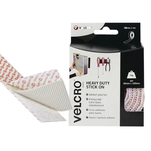 Velcro Heavy-Duty VELCRO&Acirc;&reg; Brand Stick On Tape 50mm x 1m White