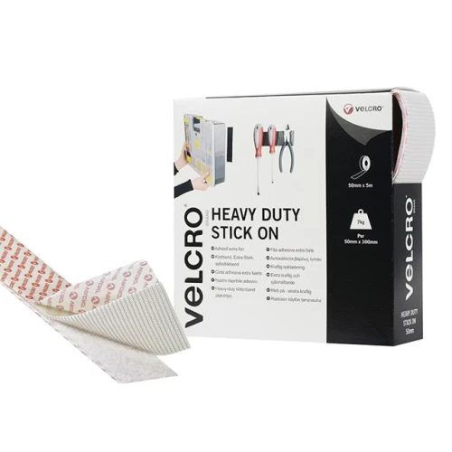Velcro Heavy-Duty VELCRO&Acirc;&reg; Brand Stick On Tape 50mm x 5m White