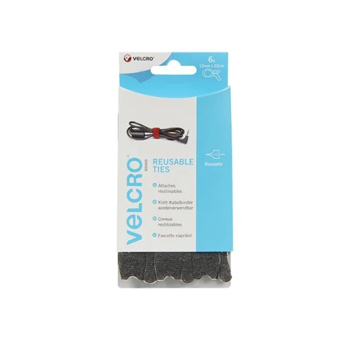 Velcro Adjustable VELCRO&Acirc;&reg; Brand Ties (6) 12mm x 20cm Black