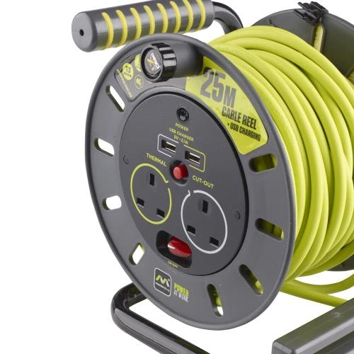 Masterplug Open Reel Extension Lead 25m with USB Charging