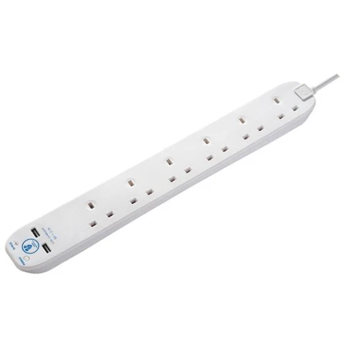Masterplug 13A 6 Gang 2m Surge Protected Extension Lead White + 2 X USB (2.1A) White